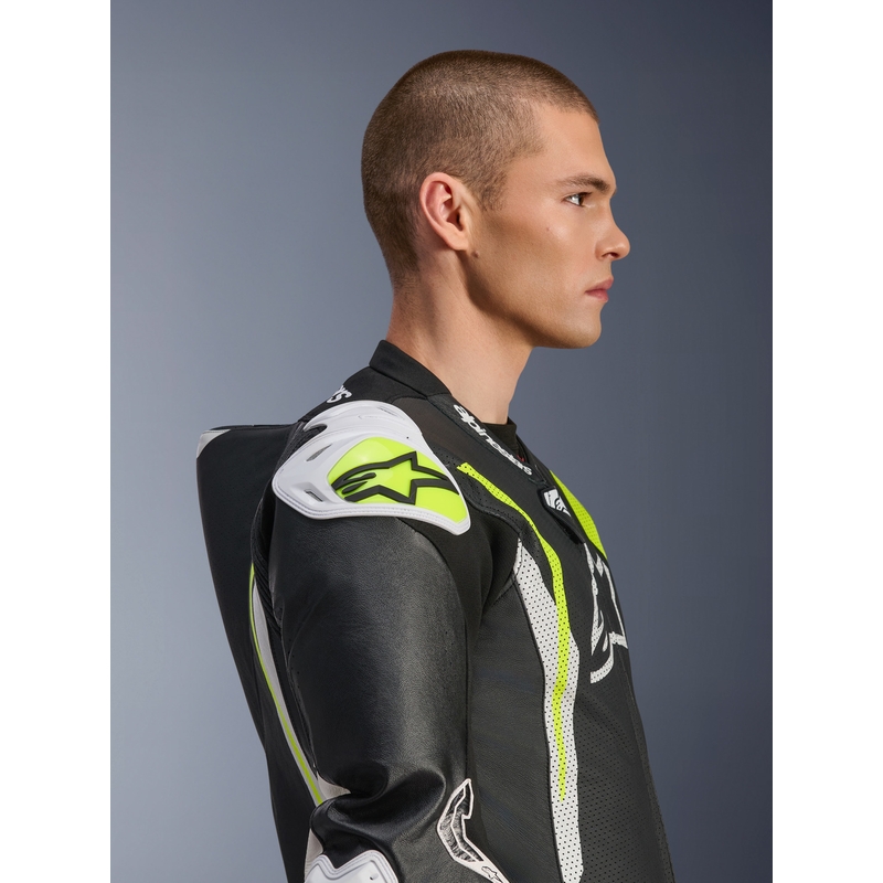 Alpinestars GP TECH V5 nahkainen yksiosainen moottoripyöräpuku musta-valko-fluo-keltainen