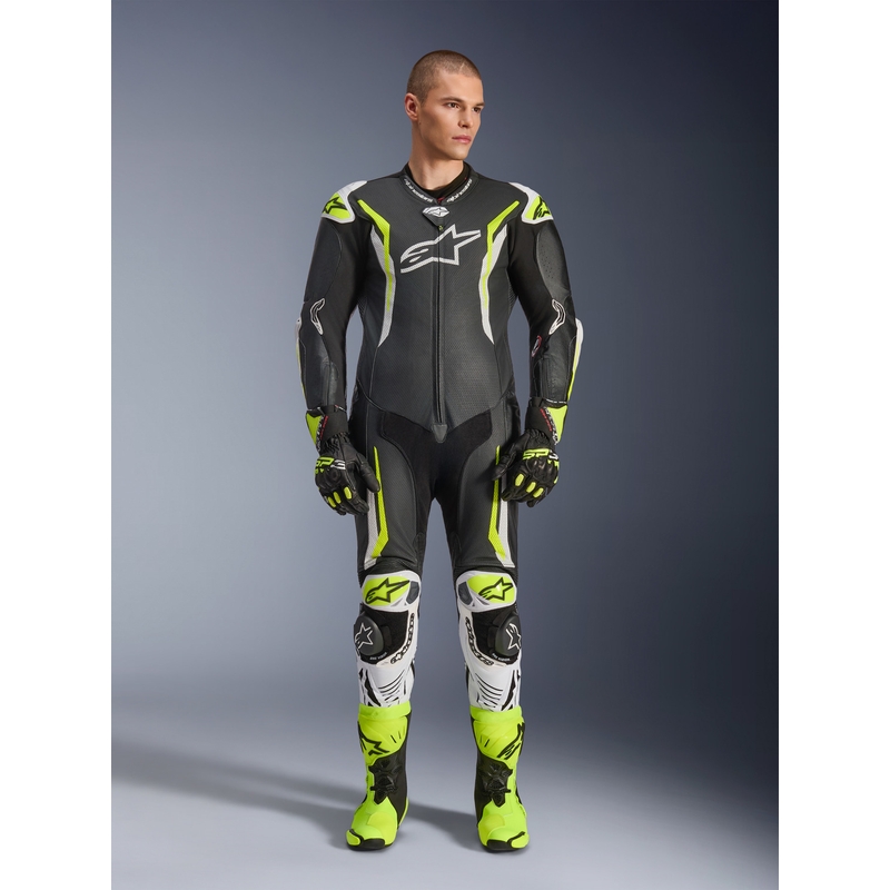Alpinestars GP TECH V5 nahkainen yksiosainen moottoripyöräpuku musta-valko-fluo-keltainen