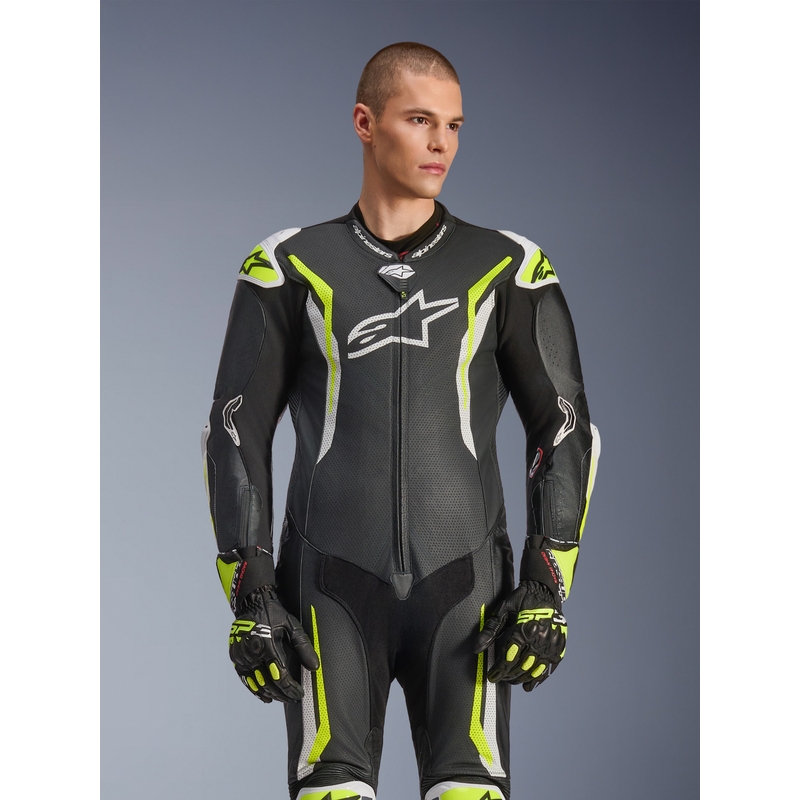 Alpinestars GP TECH V5 nahkainen yksiosainen moottoripyöräpuku musta-valko-fluo-keltainen