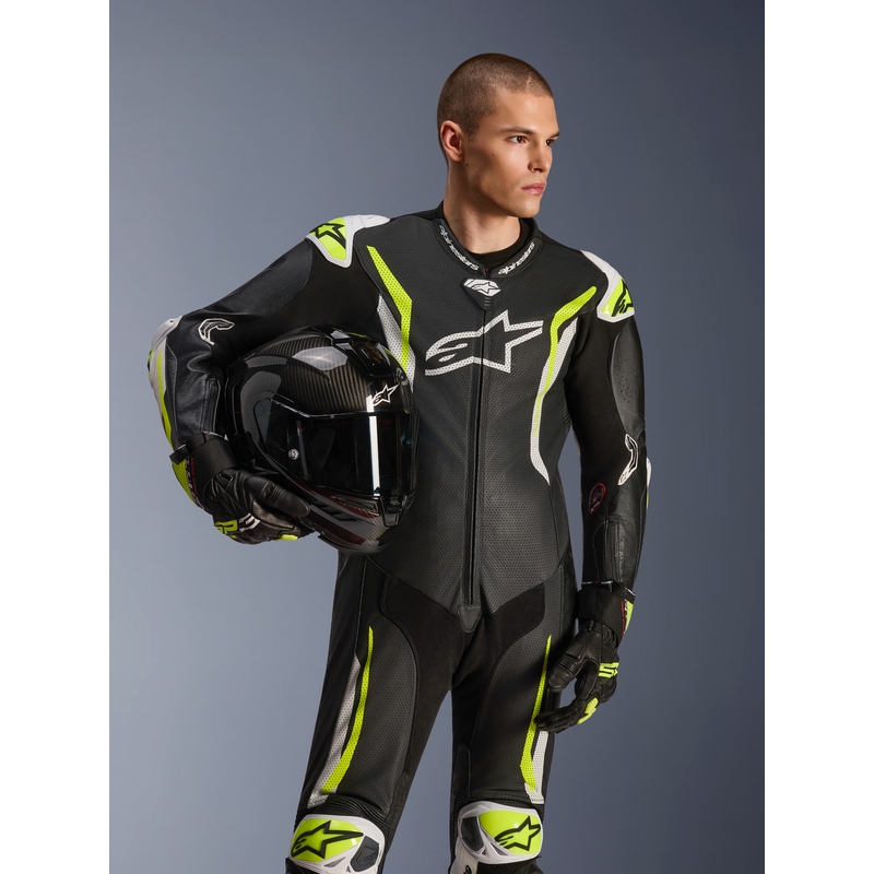 Alpinestars GP TECH V5 nahkainen yksiosainen moottoripyöräpuku musta-valko-fluo-keltainen