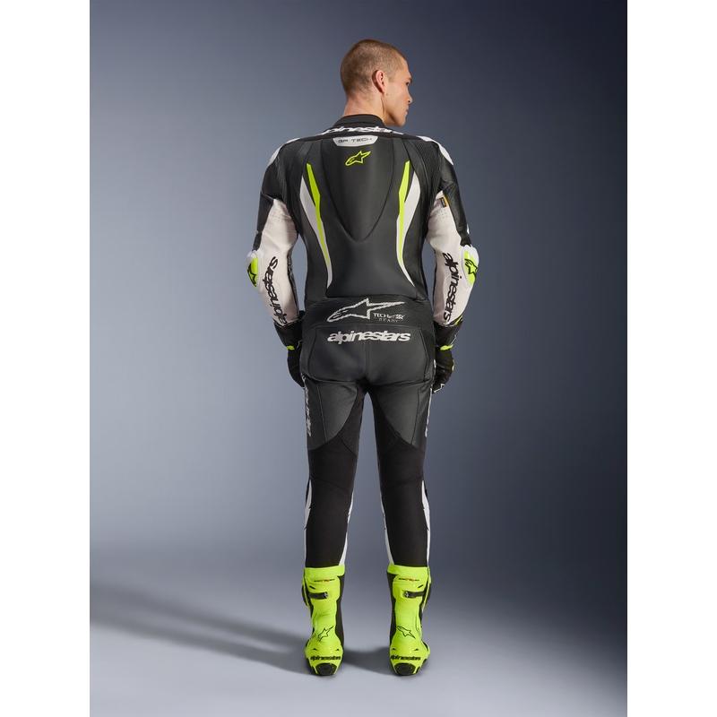 Alpinestars GP TECH V5 nahkainen yksiosainen moottoripyöräpuku musta-valko-fluo-keltainen