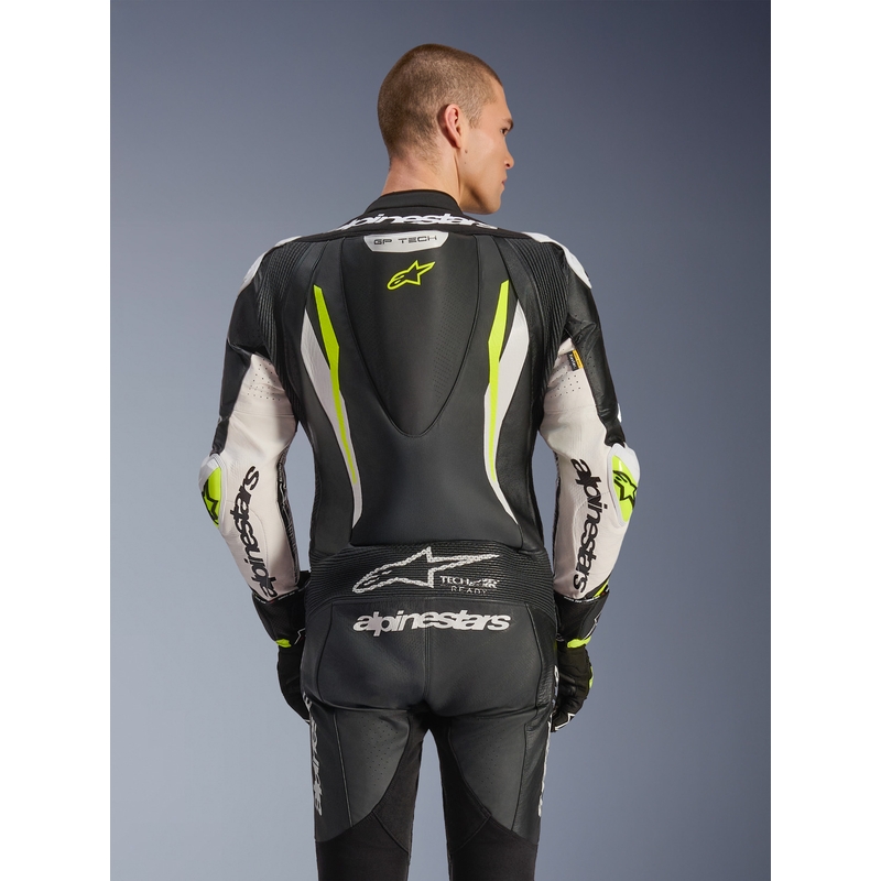Alpinestars GP TECH V5 nahkainen yksiosainen moottoripyöräpuku musta-valko-fluo-keltainen
