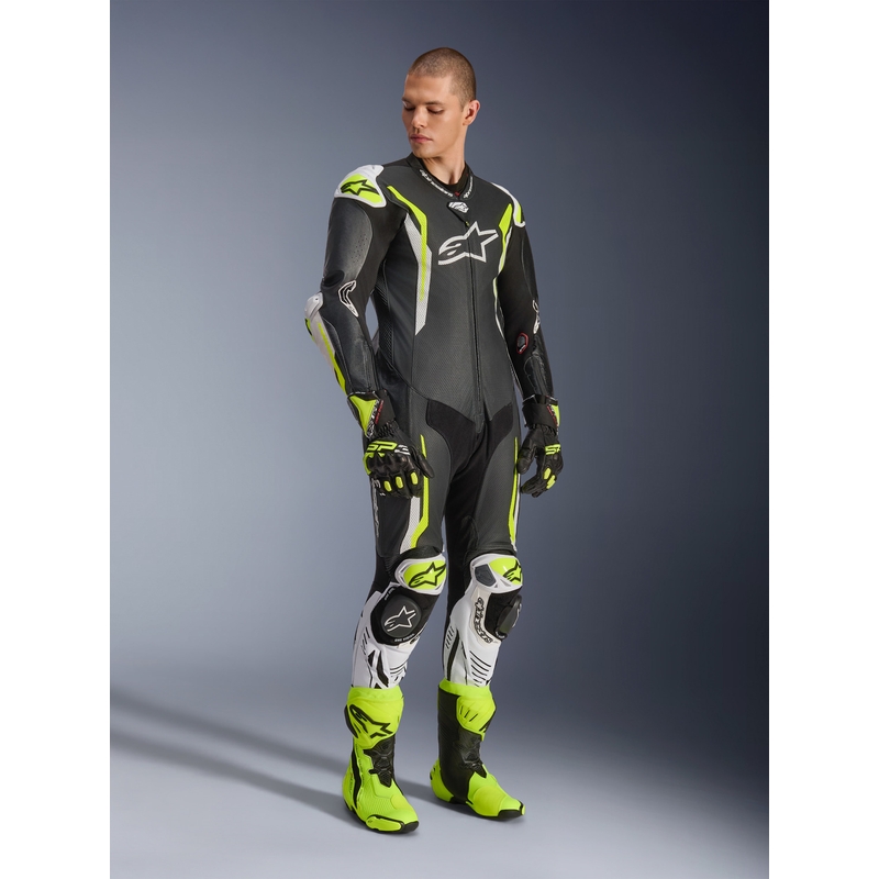 Alpinestars GP TECH V5 nahkainen yksiosainen moottoripyöräpuku musta-valko-fluo-keltainen