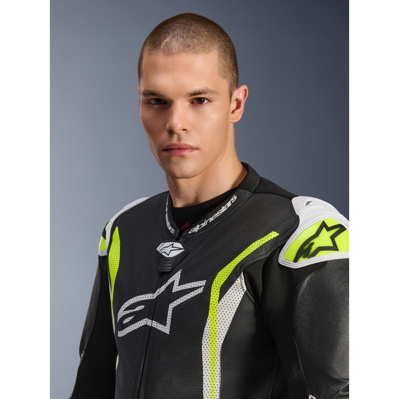 Alpinestars GP TECH V5 nahkainen yksiosainen moottoripyöräpuku musta-valko-fluo-keltainen