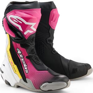 Alpinestars Supertech R moottoripyöräsaappaat musta-valko-pinkki-keltainen