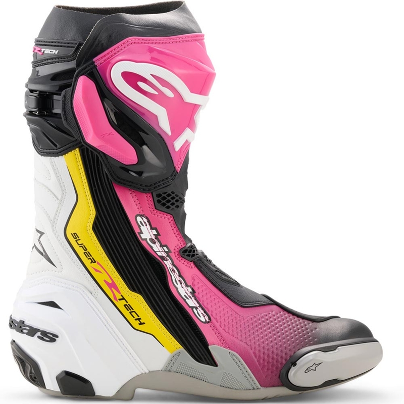 Alpinestars Supertech R moottoripyöräsaappaat musta-valko-pinkki-keltainen