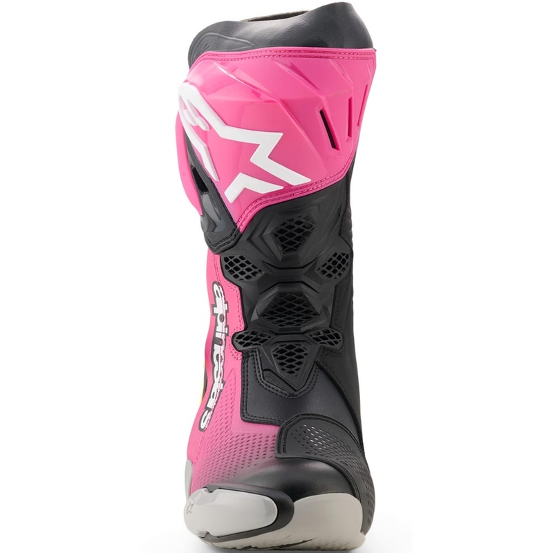 Alpinestars Supertech R moottoripyöräsaappaat musta-valko-pinkki-keltainen