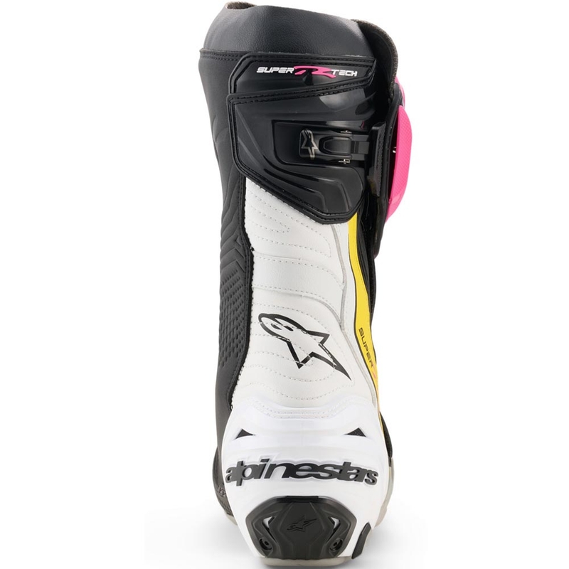 Alpinestars Supertech R moottoripyöräsaappaat musta-valko-pinkki-keltainen