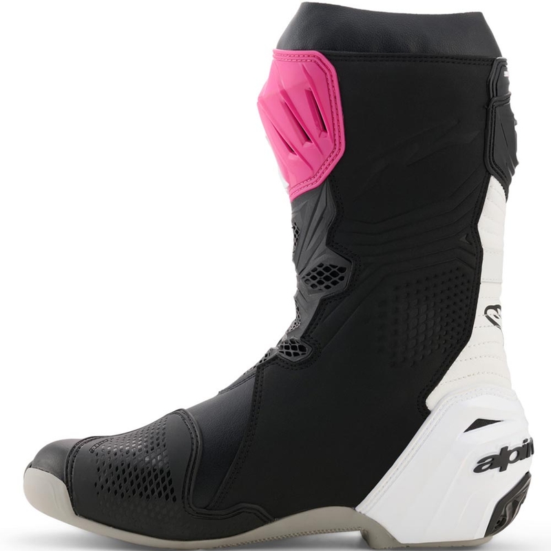 Alpinestars Supertech R moottoripyöräsaappaat musta-valko-pinkki-keltainen