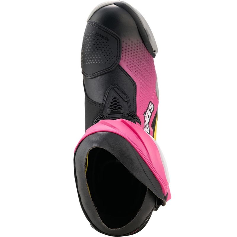 Alpinestars Supertech R moottoripyöräsaappaat musta-valko-pinkki-keltainen