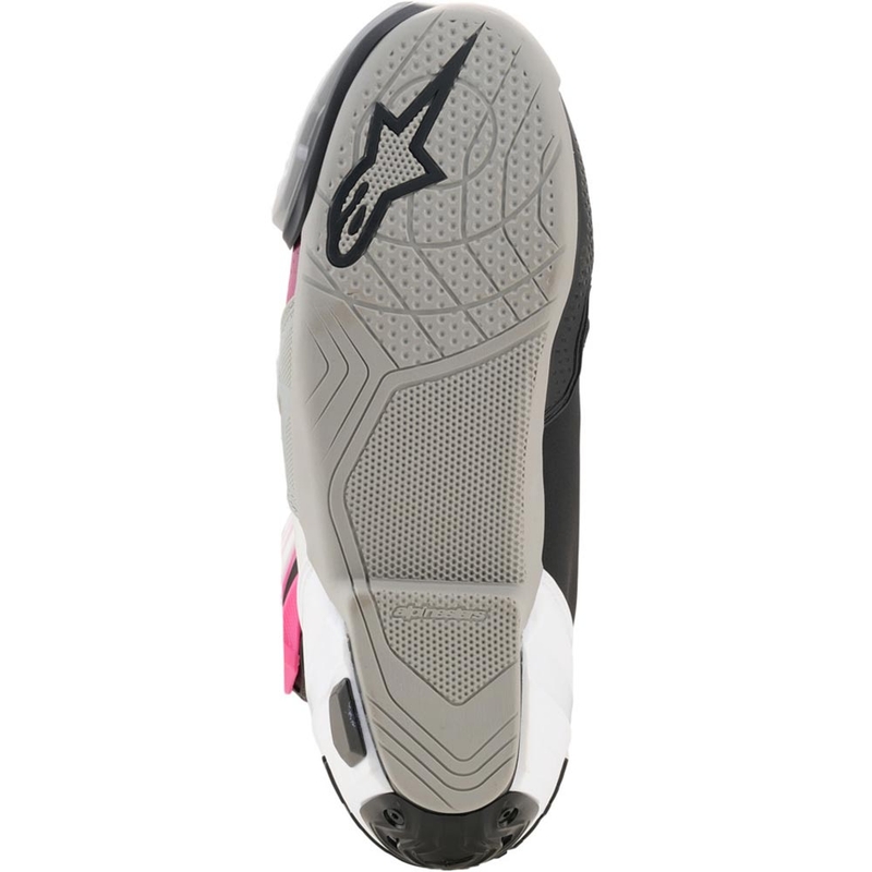 Alpinestars Supertech R moottoripyöräsaappaat musta-valko-pinkki-keltainen