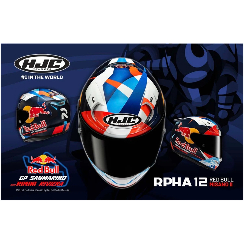 Kokokasvoinen moottoripyöräkypärä HJC RPHA 12 Red Bull Misano GP 2 MC21 sini-valko-punainen