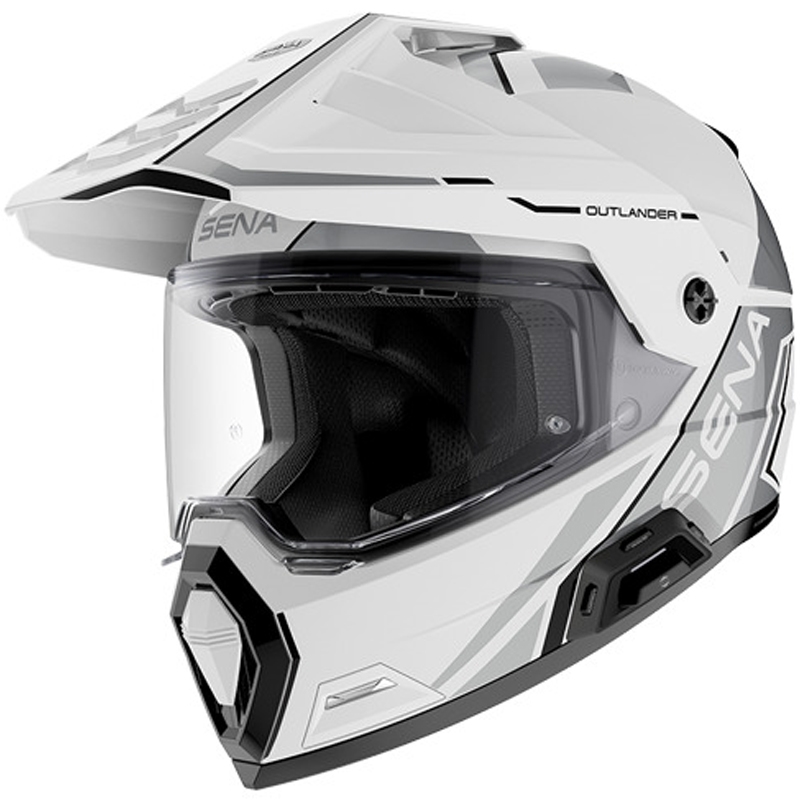 Enduro-moottoripyöräkypärä kuulokkeilla SENA Outlander kiiltävän valkoinen