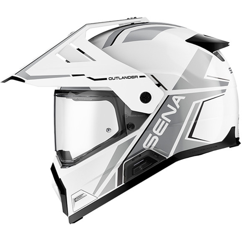Enduro-moottoripyöräkypärä kuulokkeilla SENA Outlander kiiltävän valkoinen