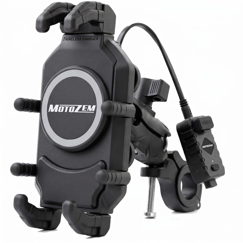 MotoZem Claw PRO tärinänvaimennuspidike langattomalla laturilla ja USB-C-liitännällä, musta