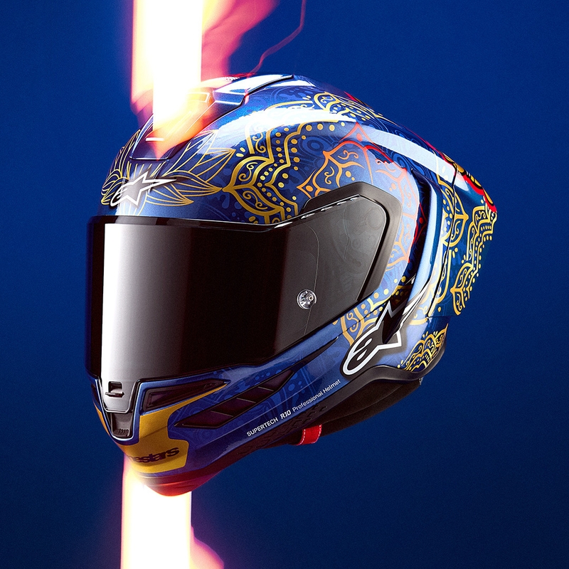 Kokokasvoinen moottoripyöräkypärä Alpinestars Supertech R10 Marthanator rajoitettu erä JORGE MARTIN sininen helmi kulta punainen