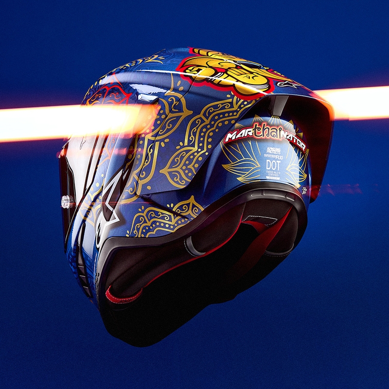 Kokokasvoinen moottoripyöräkypärä Alpinestars Supertech R10 Marthanator rajoitettu erä JORGE MARTIN sininen helmi kulta punainen