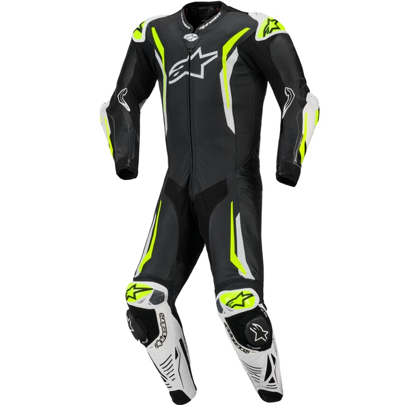 Alpinestars GP TECH V5 nahkainen yksiosainen moottoripyöräpuku musta-valko-fluo-keltainen