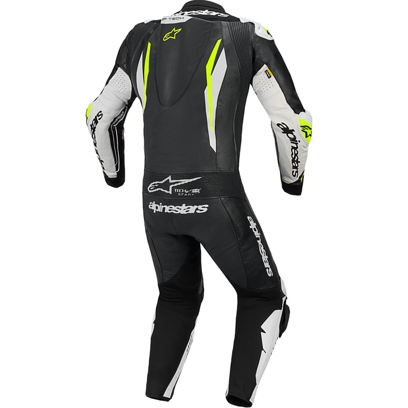 Alpinestars GP TECH V5 nahkainen yksiosainen moottoripyöräpuku musta-valko-fluo-keltainen
