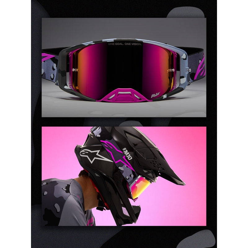 Alpinestars Supertech Lone violetit camo-kuvioiset motocrossilasit peilipinkillä pleksilasilla