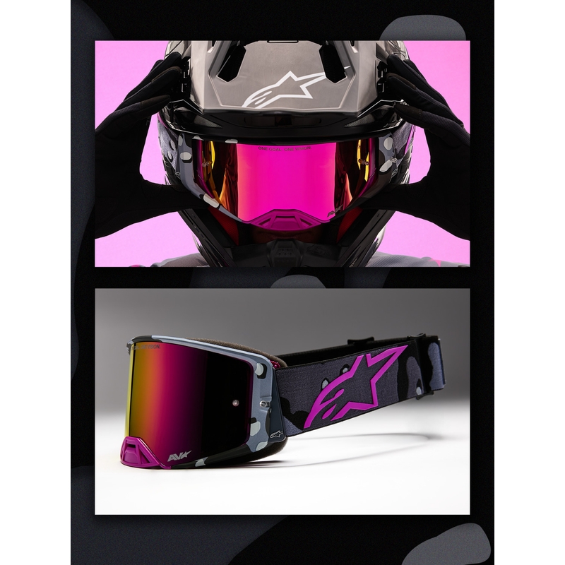 Alpinestars Supertech Lone violetit camo-kuvioiset motocrossilasit peilipinkillä pleksilasilla