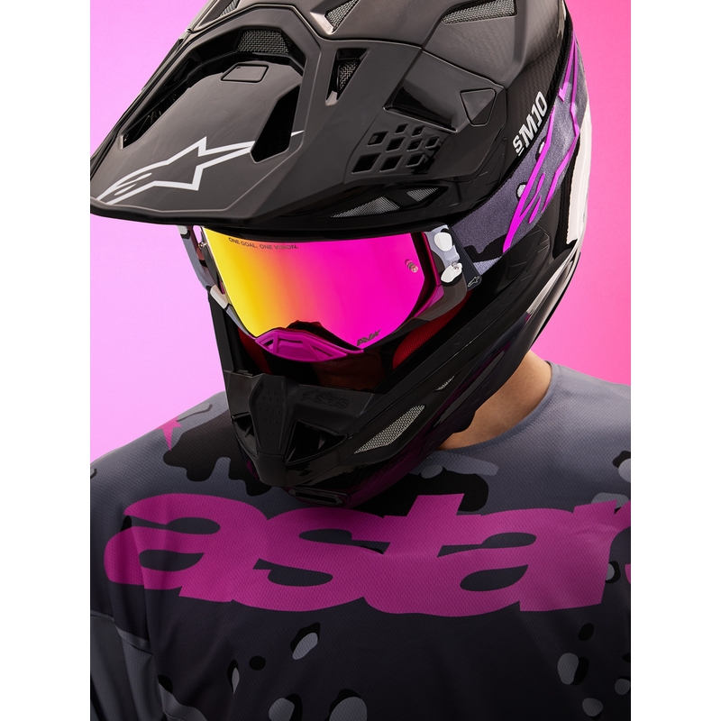 Alpinestars Supertech Lone violetit camo-kuvioiset motocrossilasit peilipinkillä pleksilasilla
