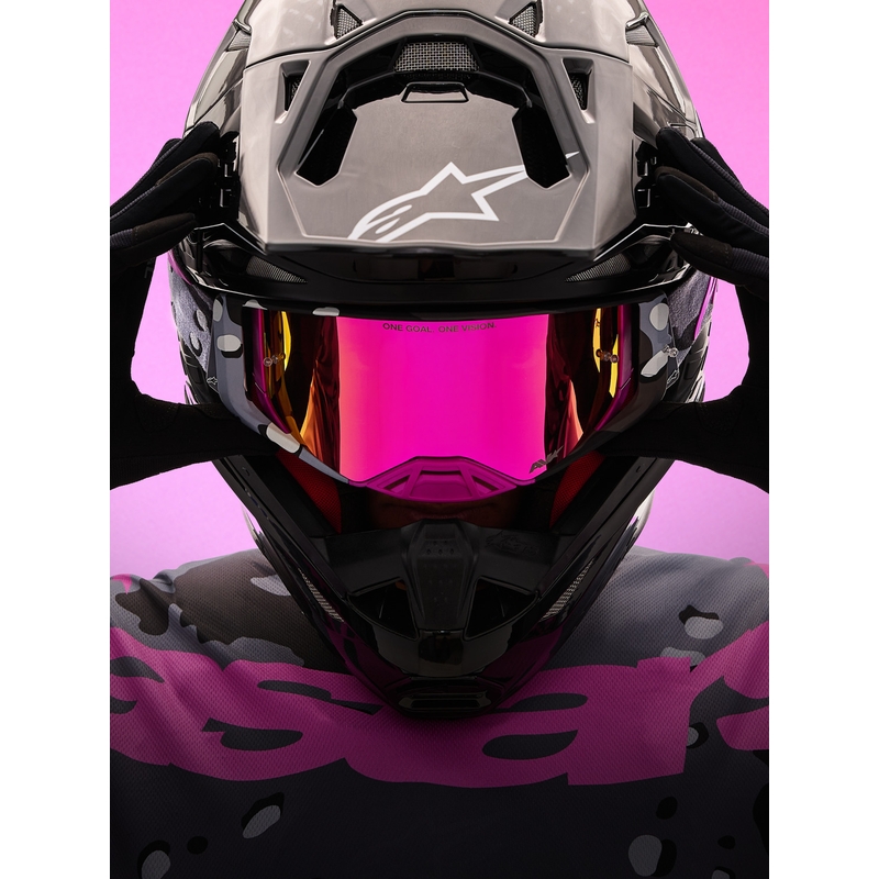 Alpinestars Supertech Lone violetit camo-kuvioiset motocrossilasit peilipinkillä pleksilasilla