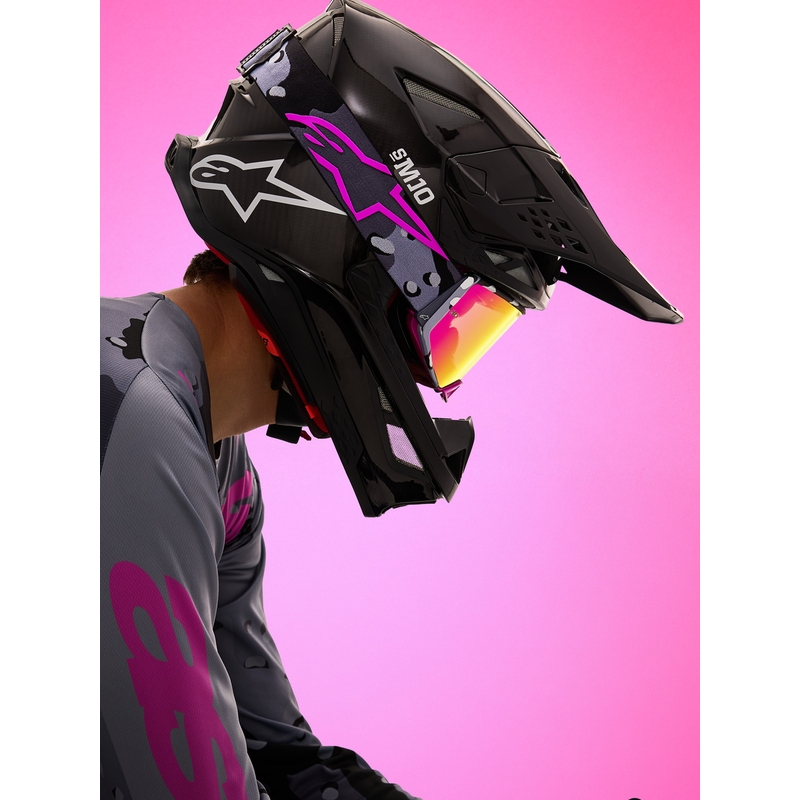 Alpinestars Supertech Lone violetit camo-kuvioiset motocrossilasit peilipinkillä pleksilasilla