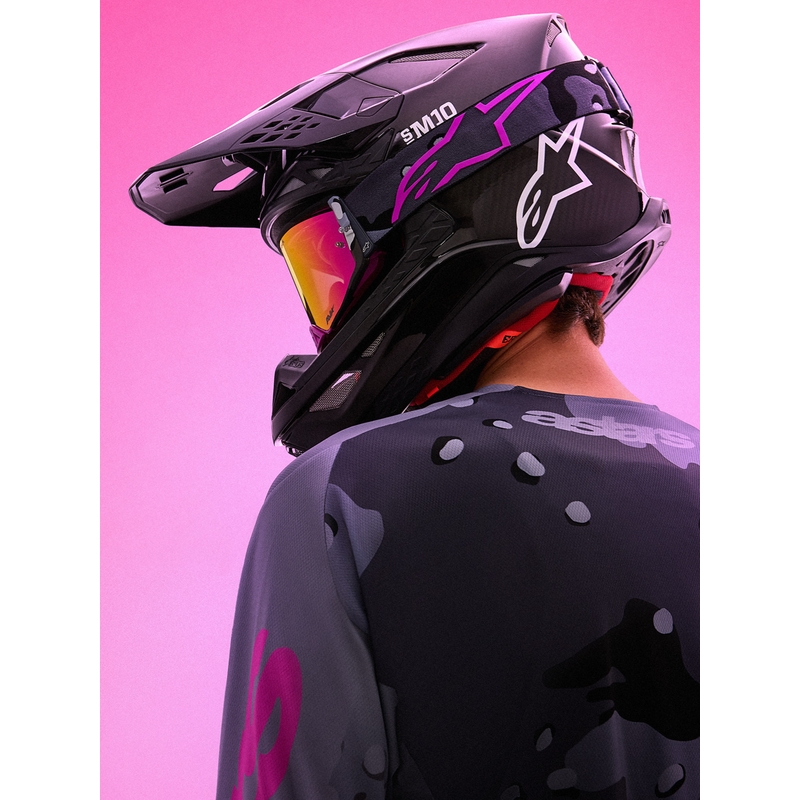 Alpinestars Supertech Lone violetit camo-kuvioiset motocrossilasit peilipinkillä pleksilasilla