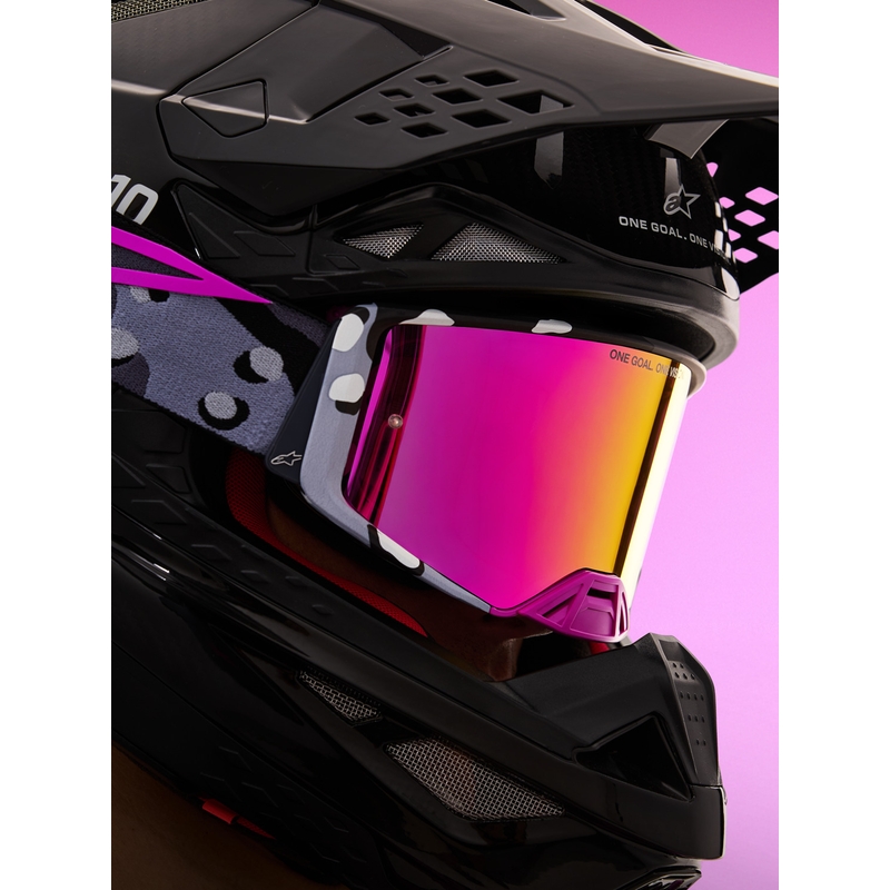 Alpinestars Supertech Lone violetit camo-kuvioiset motocrossilasit peilipinkillä pleksilasilla