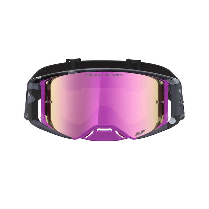 Alpinestars Supertech Lone violetit camo-kuvioiset motocrossilasit peilipinkillä pleksilasilla