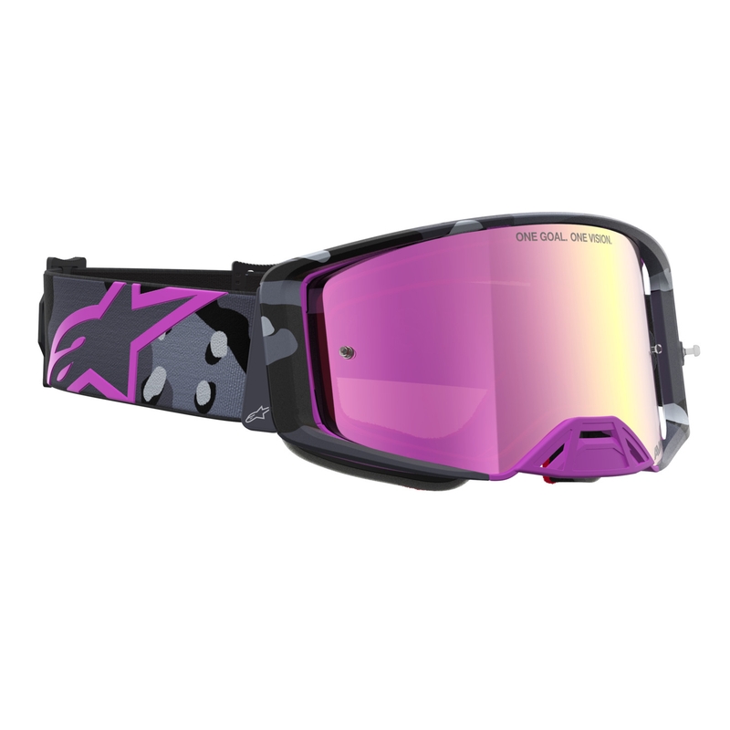 Alpinestars Supertech Lone violetit camo-kuvioiset motocrossilasit peilipinkillä pleksilasilla