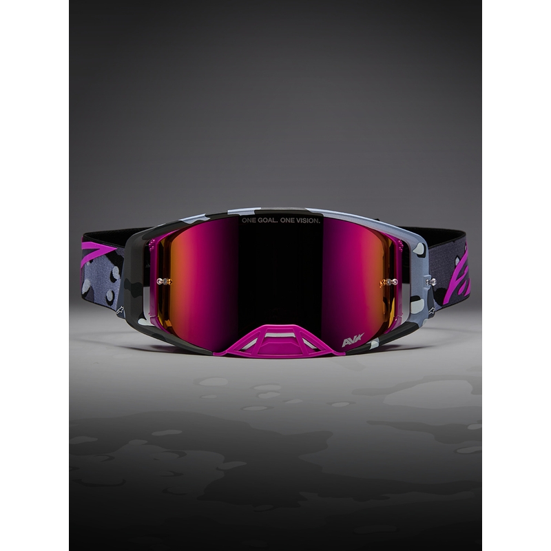 Alpinestars Supertech Lone violetit camo-kuvioiset motocrossilasit peilipinkillä pleksilasilla