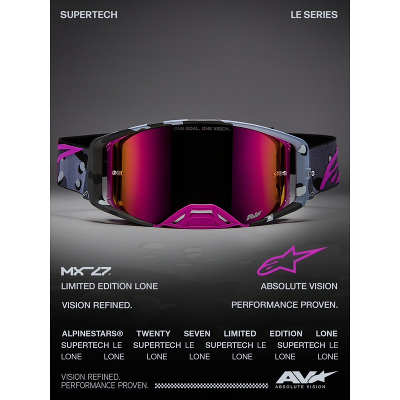 Alpinestars Supertech Lone violetit camo-kuvioiset motocrossilasit peilipinkillä pleksilasilla