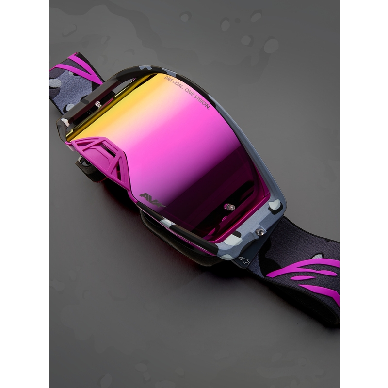 Alpinestars Supertech Lone violetit camo-kuvioiset motocrossilasit peilipinkillä pleksilasilla