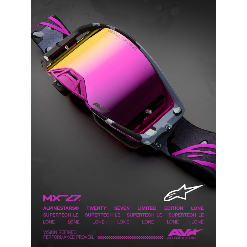 Alpinestars Supertech Lone violetit camo-kuvioiset motocrossilasit peilipinkillä pleksilasilla