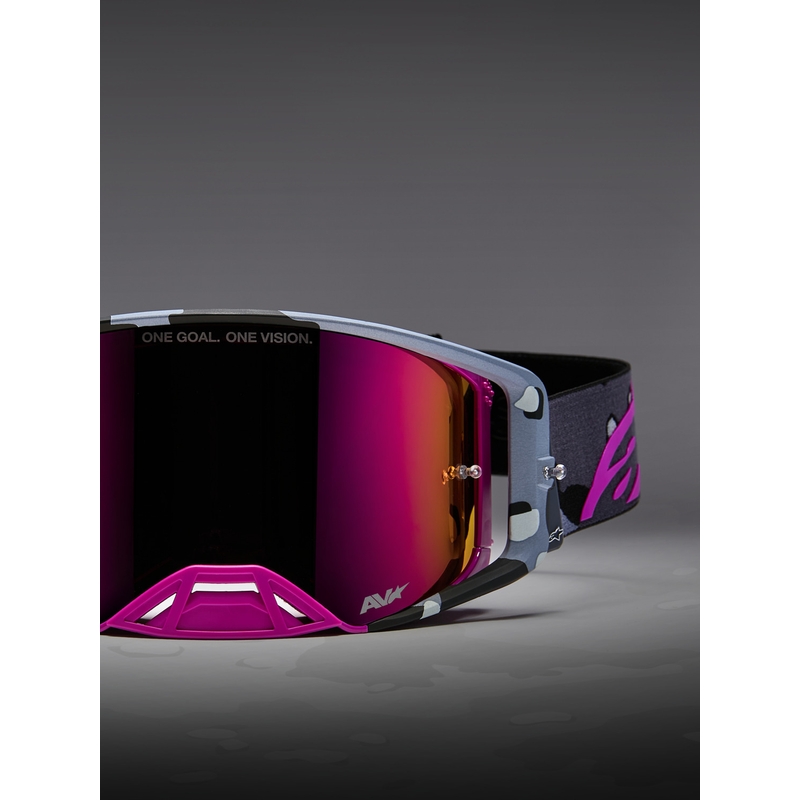 Alpinestars Supertech Lone violetit camo-kuvioiset motocrossilasit peilipinkillä pleksilasilla