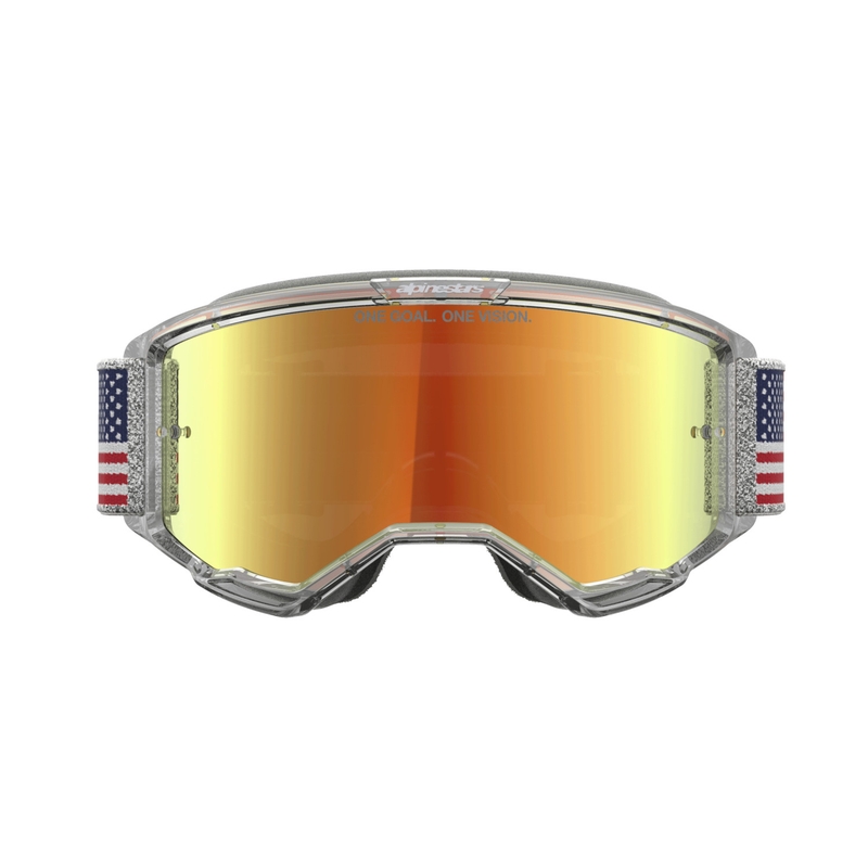 Alpinestars Vision 5 Fiftyfold sini-puna-valkoiset motocrossilasit punaisella peililinssillä