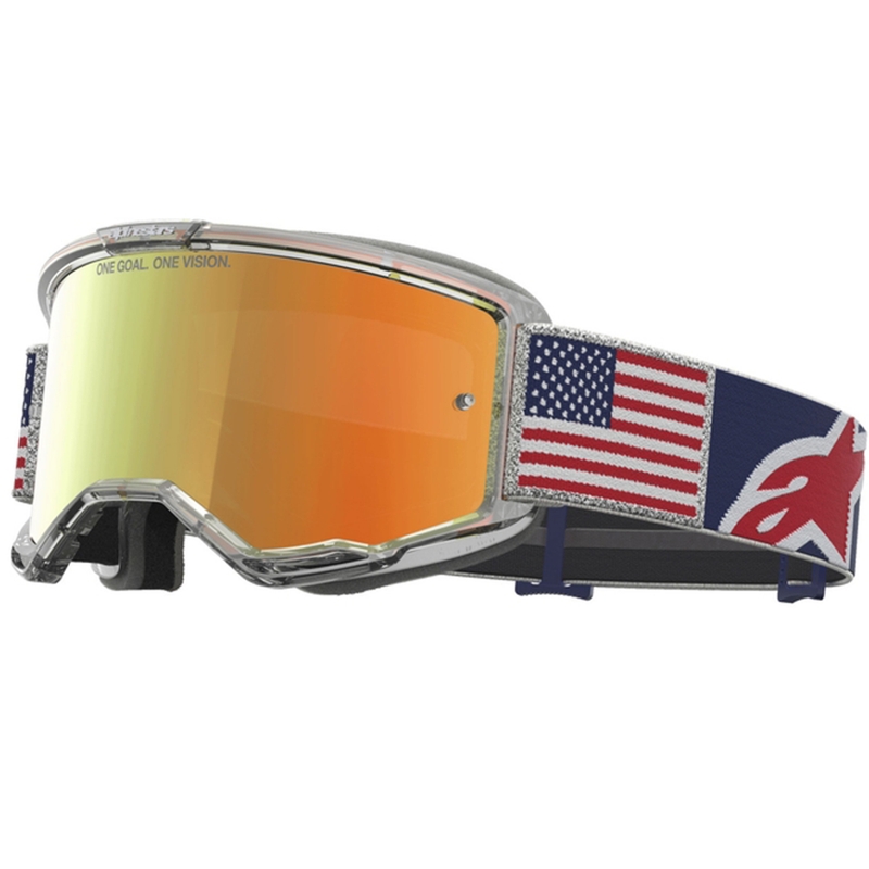 Alpinestars Vision 5 Fiftyfold sini-puna-valkoiset motocrossilasit punaisella peililinssillä