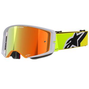 Alpinestars Supertech Corp fluo-kelta-harmaat motocross-lasit, joissa on peilattu punainen linssi.