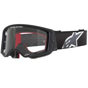 Alpinestars Supertech Corp mustan ja harmaan väriset motocrosslasit kirkkaalla linssillä.