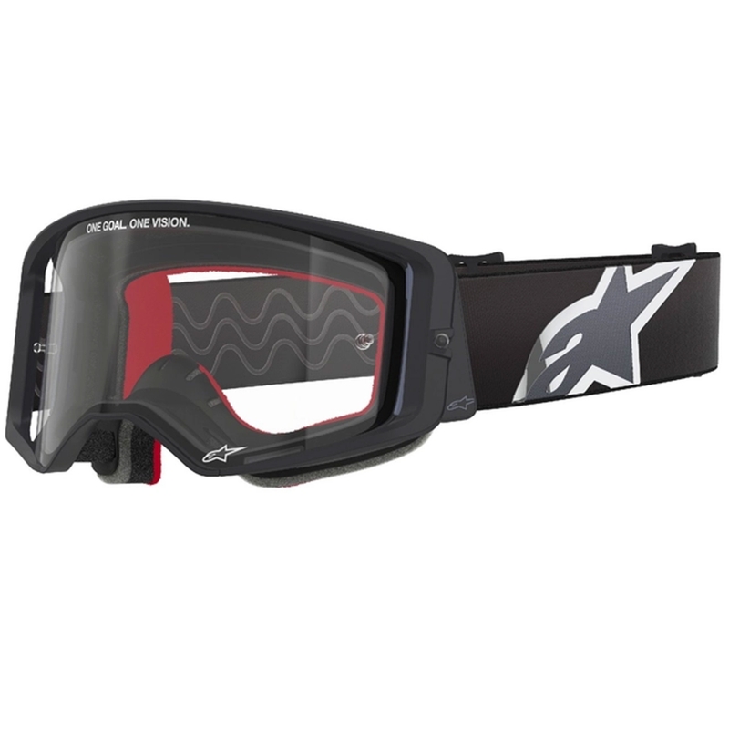 Alpinestars Supertech Corp mustan ja harmaan väriset motocrosslasit kirkkaalla linssillä.