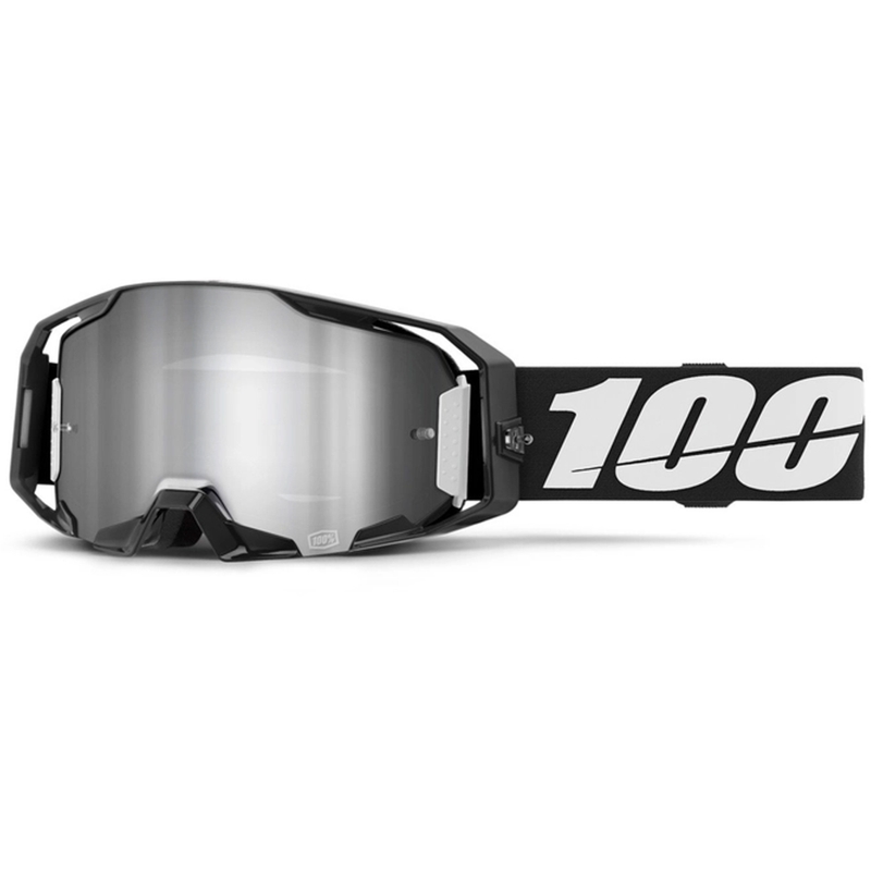 Motocross-lasit 100% ARmatic musta hopeanvärisellä peiliplexillä varustettuna.
