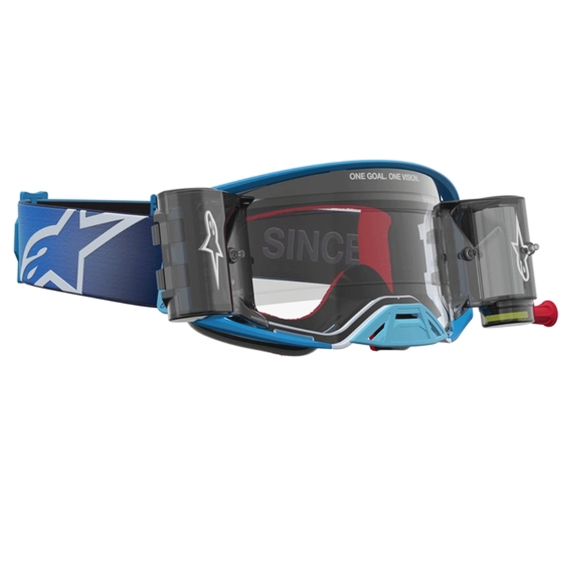 Alpinestars Supertech ROLL-OFF motocrossilasit, sini-hopea, kirkkaalla pleksilasilla
