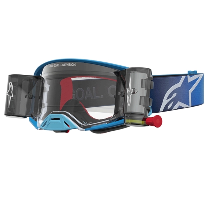 Alpinestars Supertech ROLL-OFF motocrossilasit, sini-hopea, kirkkaalla pleksilasilla