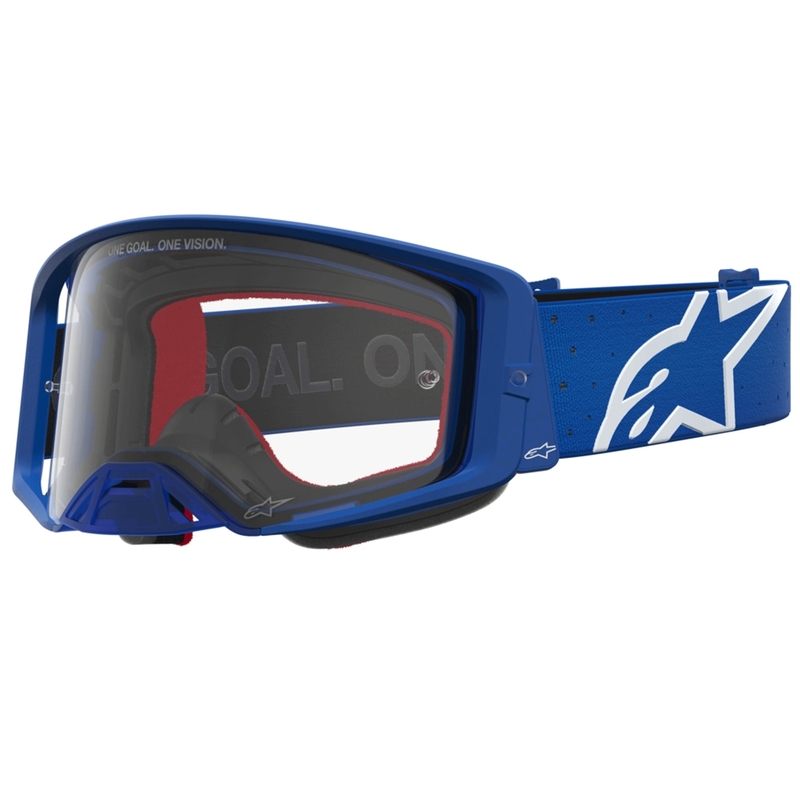 Alpinestars Supertech Vesta sinivalkoiset motocrossilasit kirkkaalla pleksilasilla