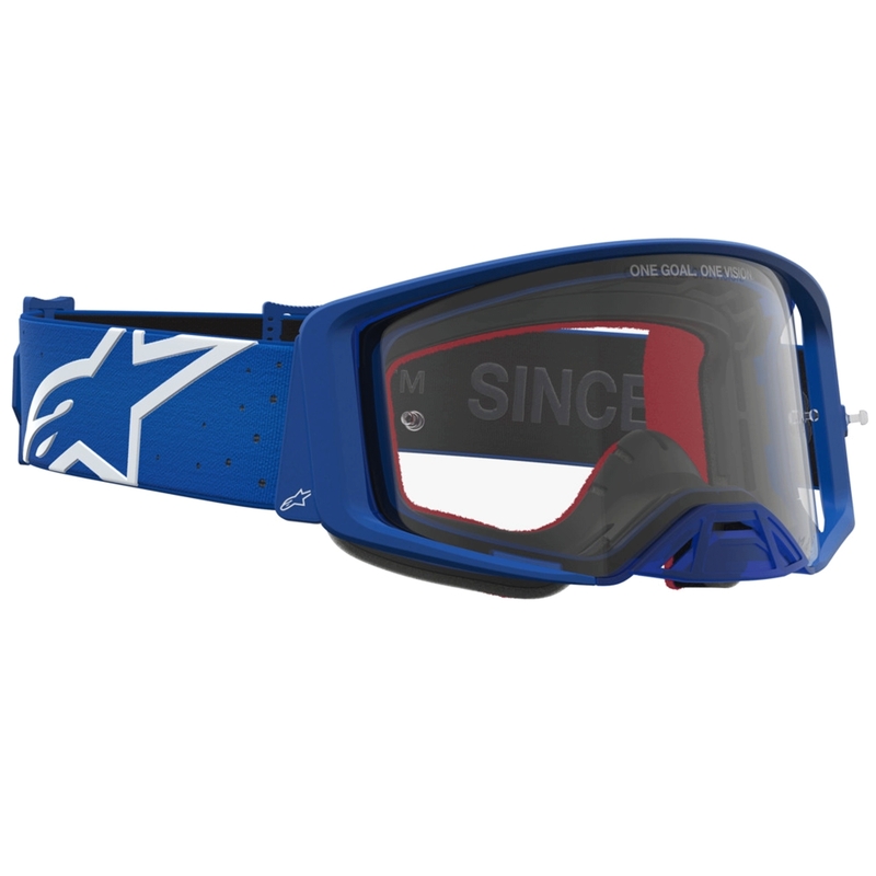 Alpinestars Supertech Vesta sinivalkoiset motocrossilasit kirkkaalla pleksilasilla