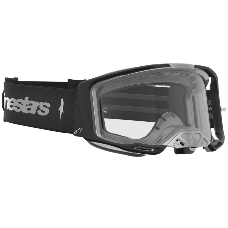 Alpinestars Vision 8 Amber motocrossilasit musta-hopea kirkkaalla pleksilasilla