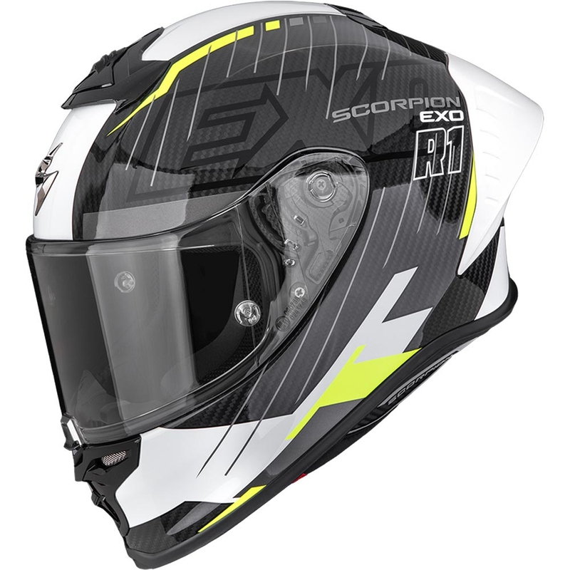 Scorpion EXO-R1 EVO II Air Surge -moottoripyöräkypärä, musta-valkoinen-fluo-keltainen