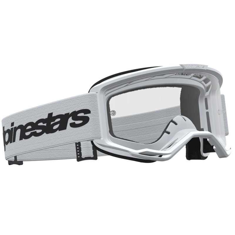 Alpinestars Vision 3 Wordmark motocrossilasit valko-musta kirkkaalla pleksilasilla